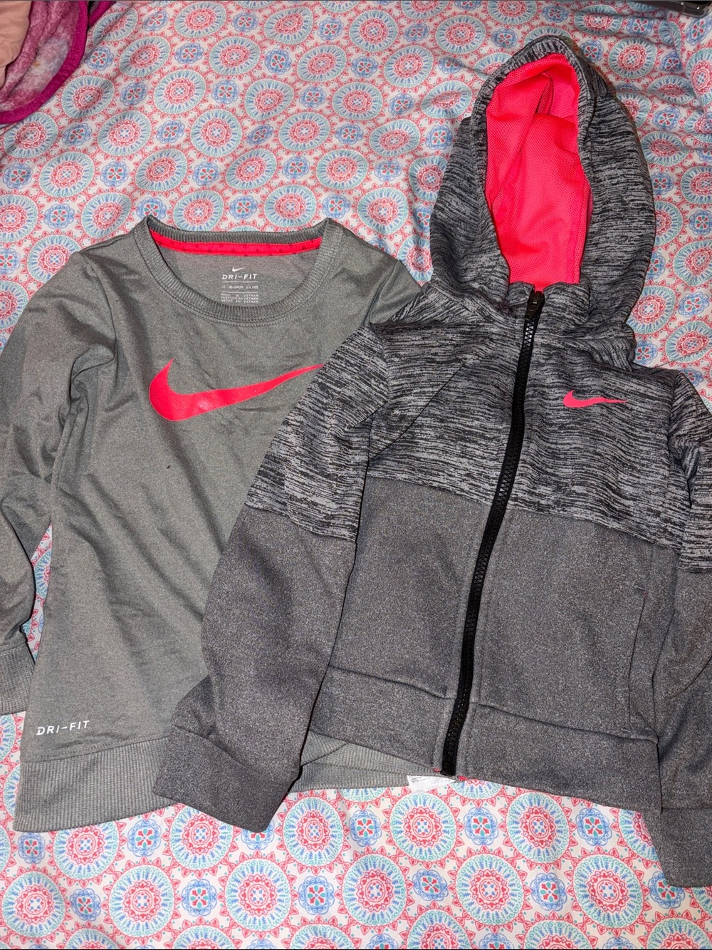 Nike Gray & Pink Kids Two-Piece Athletic Hoodie and Long-Sleeve Top